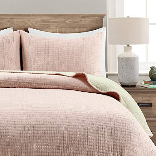 Lush Decor Solid Kantha Pick Stitch Yarn Dyed Cotton Woven 3 Piece Quilt/Coverlet Set, King, Blush