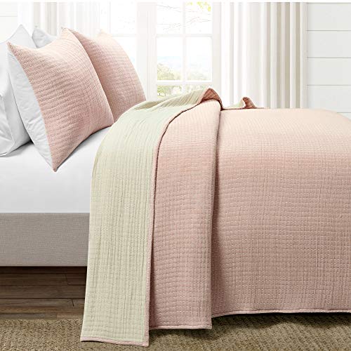 Lush Decor Solid Kantha Pick Stitch Yarn Dyed Cotton Woven 3 Piece Quilt/Coverlet Set, King, Blush