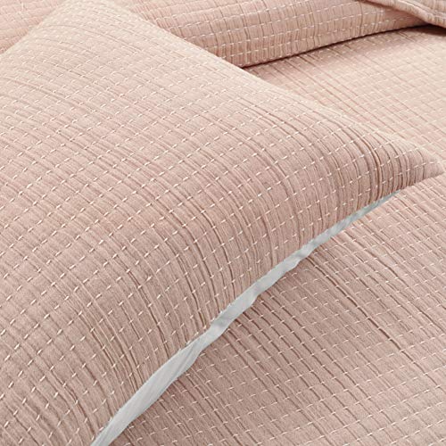 Lush Decor Solid Kantha Pick Stitch Yarn Dyed Cotton Woven 3 Piece Quilt/Coverlet Set, King, Blush