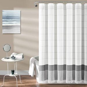 lush decor white woven cotton shower curtain with gray stripe and tassel fringe, bathroom accessories (72″ x 72″)