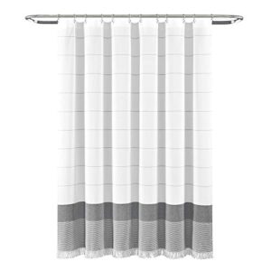 Lush Decor White Woven Cotton Shower Curtain with Gray Stripe and Tassel Fringe, Bathroom Accessories (72" x 72")