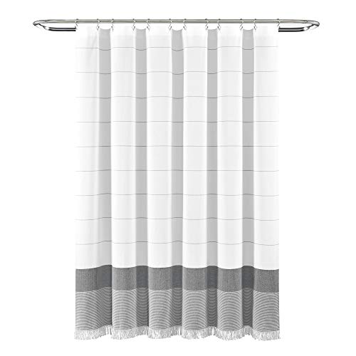 Lush Decor White Woven Cotton Shower Curtain with Gray Stripe and Tassel Fringe, Bathroom Accessories (72" x 72")