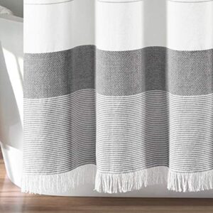 Lush Decor White Woven Cotton Shower Curtain with Gray Stripe and Tassel Fringe, Bathroom Accessories (72" x 72")