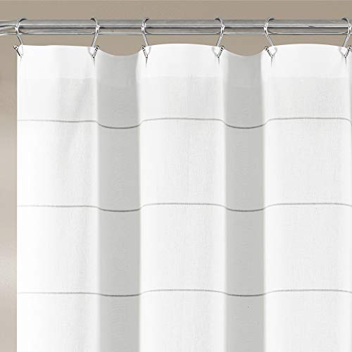 Lush Decor White Woven Cotton Shower Curtain with Gray Stripe and Tassel Fringe, Bathroom Accessories (72" x 72")