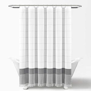 Lush Decor White Woven Cotton Shower Curtain with Gray Stripe and Tassel Fringe, Bathroom Accessories (72" x 72")