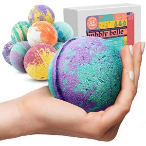 bubbly belle bath bombs xxl gift set, 12 extra large handmade aromatherapy fizzies with essential oil blends and epsom salt, vegan for women, men, kids