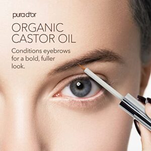 PURA D'OR Organic Castor Oil (4oz + 2 BONUS Pre-Filled Eyelash & Eyebrow Brushes) 100% Pure, Cold Pressed, Hexane Free Growth Serum For Fuller, Thicker Lashes & Brows, Moisturizes & Cleanses Skin