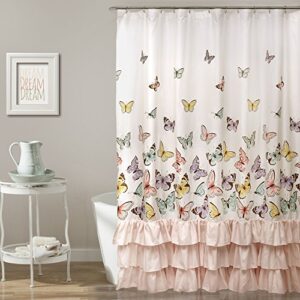 lush decor, pink flutter butterfly shower curtain | textured ruffle print fabric bathroom decor, x 72, 72 x 72