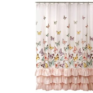 Lush Decor, Pink Flutter Butterfly Shower Curtain | Textured Ruffle Print Fabric Bathroom Decor, x 72, 72 x 72