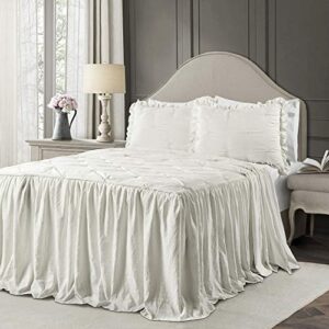 lush decor ravello pintuck ruffle skirt bedspread vintage chic farmhouse style lightweight 3 piece set, queen, white