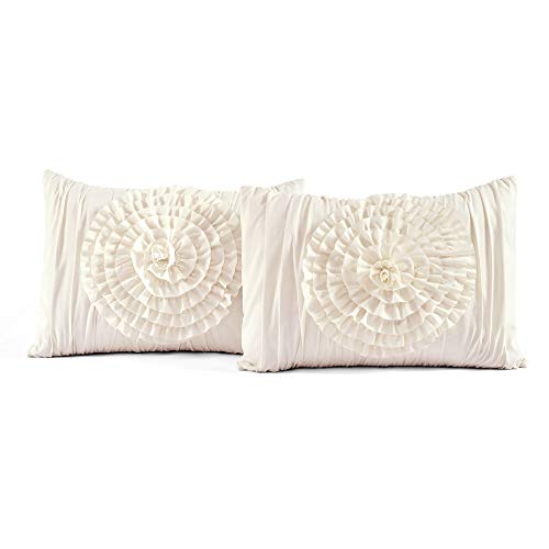 Lush Decor Serena Rouched Flower Vintage Chic Farmhouse 3 Piece Comforter Set, King, Ivory