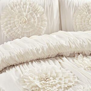 Lush Decor Serena Rouched Flower Vintage Chic Farmhouse 3 Piece Comforter Set, King, Ivory