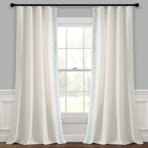 Lush Decor Luxury Modern Flower Linen Like Embroidery Border Window Curtain Panel (Single Panel), 84" L x 52" W, Off-White & Blue