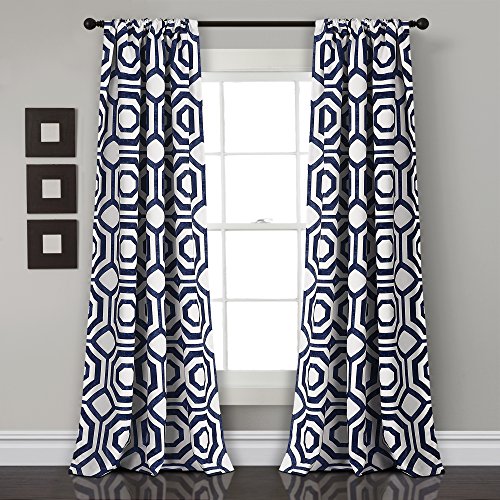 Lush Decor, Navy Octagon Blocks Room Darkening Window Curtain Panel Pair, 84" x 52", 0