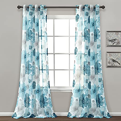 Lush Decor Leah Room Darkening Window Curtain Panel Pair Floral Insulated Grommet, 52"W x 84"L, Blue