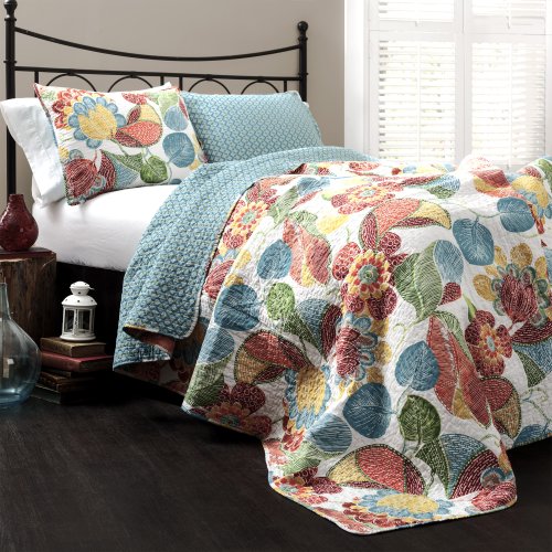 Lush Decor Layla Quilt Floral Leaf Print 3 Piece Reversible Bedding Set, King, Orange & Blue