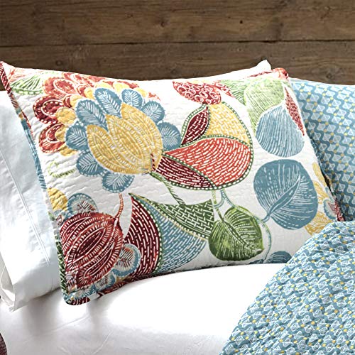 Lush Decor Layla Quilt Floral Leaf Print 3 Piece Reversible Bedding Set, King, Orange & Blue