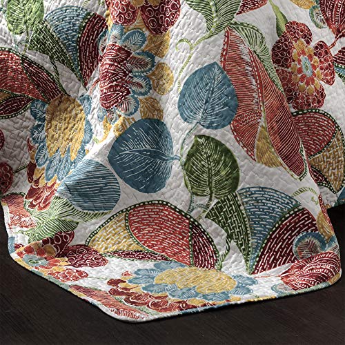 Lush Decor Layla Quilt Floral Leaf Print 3 Piece Reversible Bedding Set, King, Orange & Blue