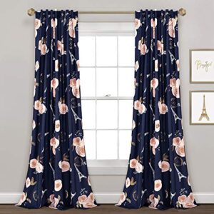 lush decor navy vintage paris rose butterfly 2-piece window curtain panel set, long floral polyester themed pattern (84″ x 52″)