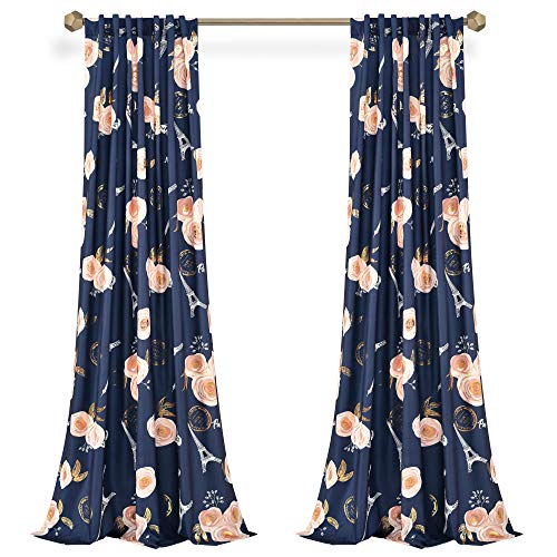 Lush Decor Navy Vintage Paris Rose Butterfly 2-Piece Window Curtain Panel Set, Long Floral Polyester Themed Pattern (84" x 52")