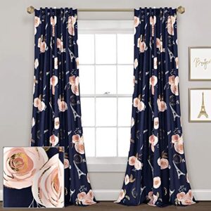 Lush Decor Navy Vintage Paris Rose Butterfly 2-Piece Window Curtain Panel Set, Long Floral Polyester Themed Pattern (84" x 52")