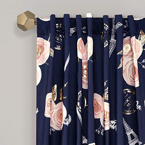 Lush Decor Navy Vintage Paris Rose Butterfly 2-Piece Window Curtain Panel Set, Long Floral Polyester Themed Pattern (84" x 52")