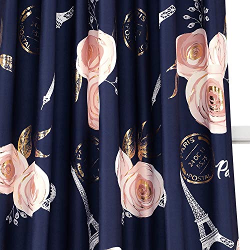 Lush Decor Navy Vintage Paris Rose Butterfly 2-Piece Window Curtain Panel Set, Long Floral Polyester Themed Pattern (84" x 52")