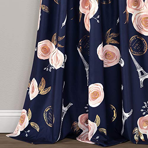 Lush Decor Navy Vintage Paris Rose Butterfly 2-Piece Window Curtain Panel Set, Long Floral Polyester Themed Pattern (84" x 52")