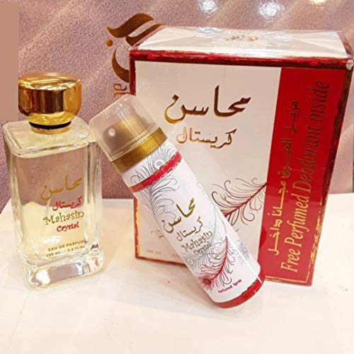 Mahasin Crystal with Deo for Women EDP - 100 ML (3.4 oz) I Light Floral Carefree, Sunny Perfume I Main accords: Floral, Fruity, White Florals, Fresh, Citrus I Suitable for any Occasion I by Lattafa