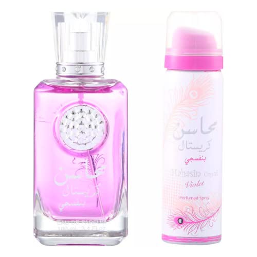 Mahasin Crystal Violet w/ DEO for Women EDP - 100ML (3.4 oz) I Floral heart I Vibrant notes of clementine flowers, blended with cassis and nectarine I Comes with DEO I Floral womens scent I by Lattafa Perfumes