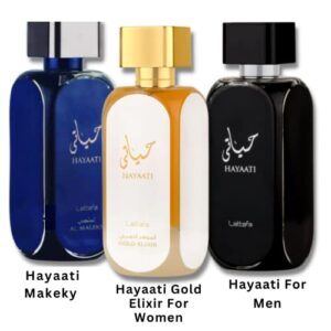 Lattafa Perfumes Premium Collection Hayaati For Men,Hayaati Gold Elixir For Women & Hayaati Makeky EDP-100ML/3.4Oz| Musk & Woody Notes. (xtravaluepack)