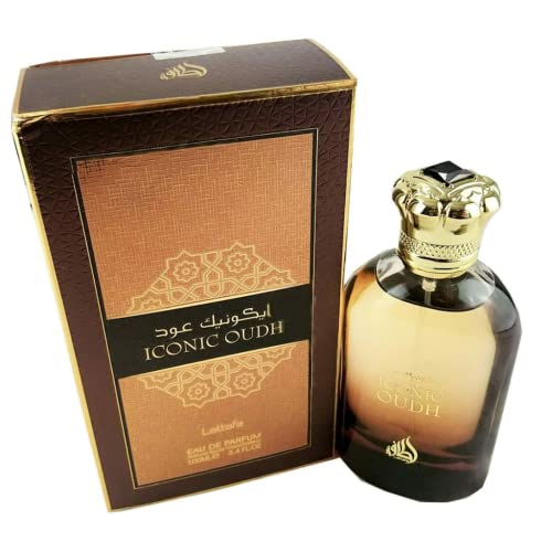 Iconic Oudh EDP (Eau de Parfum) - 100ML (3.4oz) I Delicate Oud (Agarwood) I Delicate, sweet and extraordinary I Rich woodsy notes joined with Summer Turkish roses I go-to scent for uncommon events I by Lattafa Perfumes