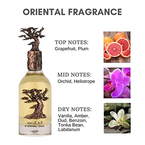 Lattafa Perfumes Eternal Oud Edp - Eau De Parfum 100ml(3.4 Oz) | Grapefruit, Plum, Orchid, Heliotrope, Vanilla, Amber, Oud, Benzoin, Tonka Bean, Labdanum