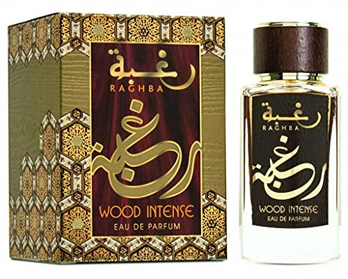 Raghba EDP (Eau De Parfum) I Middle Eastern baked sweets in a spice market scent I Warm, cozy, and smoky Vanilla add a sweet, elegance I Long - lasting and Great Silliage I by Lattafa Perfumes (Raghba Woody Intense)