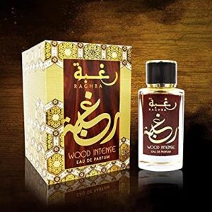 Raghba EDP (Eau De Parfum) I Middle Eastern baked sweets in a spice market scent I Warm, cozy, and smoky Vanilla add a sweet, elegance I Long - lasting and Great Silliage I by Lattafa Perfumes (Raghba Woody Intense)