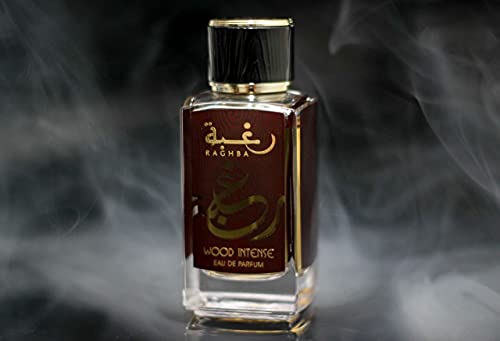 Raghba EDP (Eau De Parfum) I Middle Eastern baked sweets in a spice market scent I Warm, cozy, and smoky Vanilla add a sweet, elegance I Long - lasting and Great Silliage I by Lattafa Perfumes (Raghba Woody Intense)