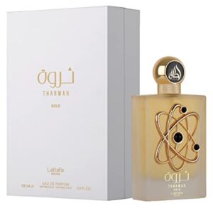 Lattafa Perfumes Tharwah Gold EDP-100ml (3.4 oz) Unisex | Mint, Bergamot Clary Sage, Lavender Cedarwood, Musk, Vetiver, Jasmine