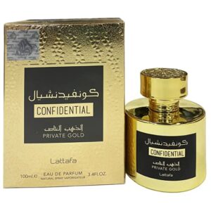 confidential private gold edp – eau de parfum 100ml (3.4 oz) | long-lasting spray i expressive fruity i peach, musk i gold bottle i by lattafa