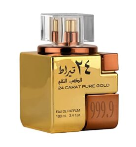 24 carat edp – 100 ml (3.4 oz) i classic combination of oudh, roses and vanilla i incense, amber, leather, musk, & vanilla i very strong smell i powerful arabic attar perfume i by lattafa (24 carat pure gold)