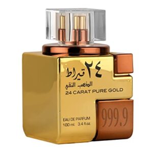 24 Carat EDP - 100 ML (3.4 oz) I Classic combination of Oudh, roses and vanilla I Incense, Amber, Leather, Musk, & Vanilla I Very Strong Smell I Powerful Arabic Attar perfume I by Lattafa (24 Carat Pure Gold)