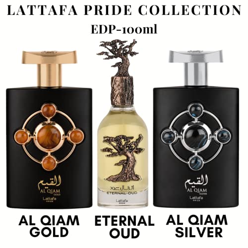 Al Qiam Gold, Al Qiam Silver & Eternal Oud Edp - Eau De Parfum Unisex 100ml(3.4 Oz) | Grapefruit, Plum, Orchid, Heliotrope, Vanilla, Amber, Oud, Benzoin, Tonka Bean, Labdanum | By Lattafa Perfumes