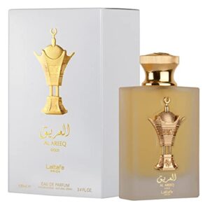 al areeq gold by lattafa pride edp – eau de parfum 100ml(3.4 oz) | saffron, black tea, incense, suede, leather, amberwood, vanilla, musk | by lattafa perfumes