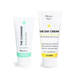 musely cleanser and day cream mineral spf 50, clinical grade sunscreen, broad-spectrum, water resistant, 3 fl oz, clear color, 2x bundle