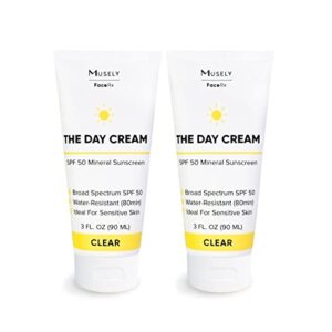 musely day cream mineral spf 50, clinical grade sunscreen, broad-spectrum, water resistant, 3 fl oz, clear color, 2x bundle