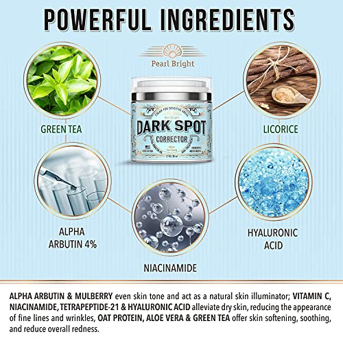 PearlBright Dark Spot Remover for Face, Body and Sensitive Areas - Natural Skincare for Underarms, Elbows & Privates - Made in USA - Dark Spot Corrector with Licorice, Mulberry Extract Arbutin, 1.7OZ