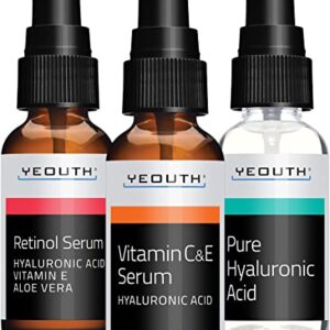 Retinol Serum for Face, Hyaluronic Acid Serum for Face, Vitamin C Serum for Face, Facial Serums, Anti Aging Serum, Face Serum for Women, Hydrating & Wrinkle Serums 3x1 fl Oz, Skincare Set By YEOUTH