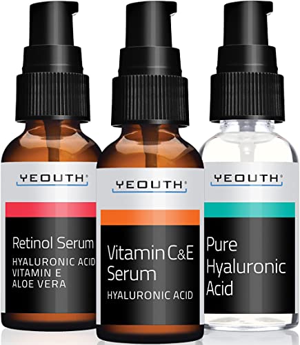 Retinol Serum for Face, Hyaluronic Acid Serum for Face, Vitamin C Serum for Face, Facial Serums, Anti Aging Serum, Face Serum for Women, Hydrating & Wrinkle Serums 3x1 fl Oz, Skincare Set By YEOUTH