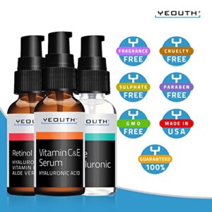 Retinol Serum for Face, Hyaluronic Acid Serum for Face, Vitamin C Serum for Face, Facial Serums, Anti Aging Serum, Face Serum for Women, Hydrating & Wrinkle Serums 3x1 fl Oz, Skincare Set By YEOUTH