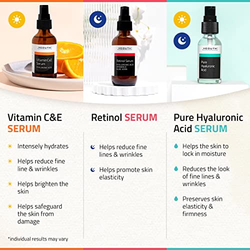 Retinol Serum for Face, Hyaluronic Acid Serum for Face, Vitamin C Serum for Face, Facial Serums, Anti Aging Serum, Face Serum for Women, Hydrating & Wrinkle Serums 3x1 fl Oz, Skincare Set By YEOUTH