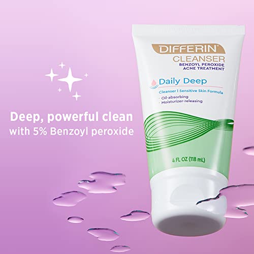 Differin Acne Face Wash with Benzoyl Peroxide, Daily Deep Cleanser by the makers of Differin Gel, Gentle Skin Care for Acne Prone Sensitive Skin, 4 oz (Packaging May Vary)